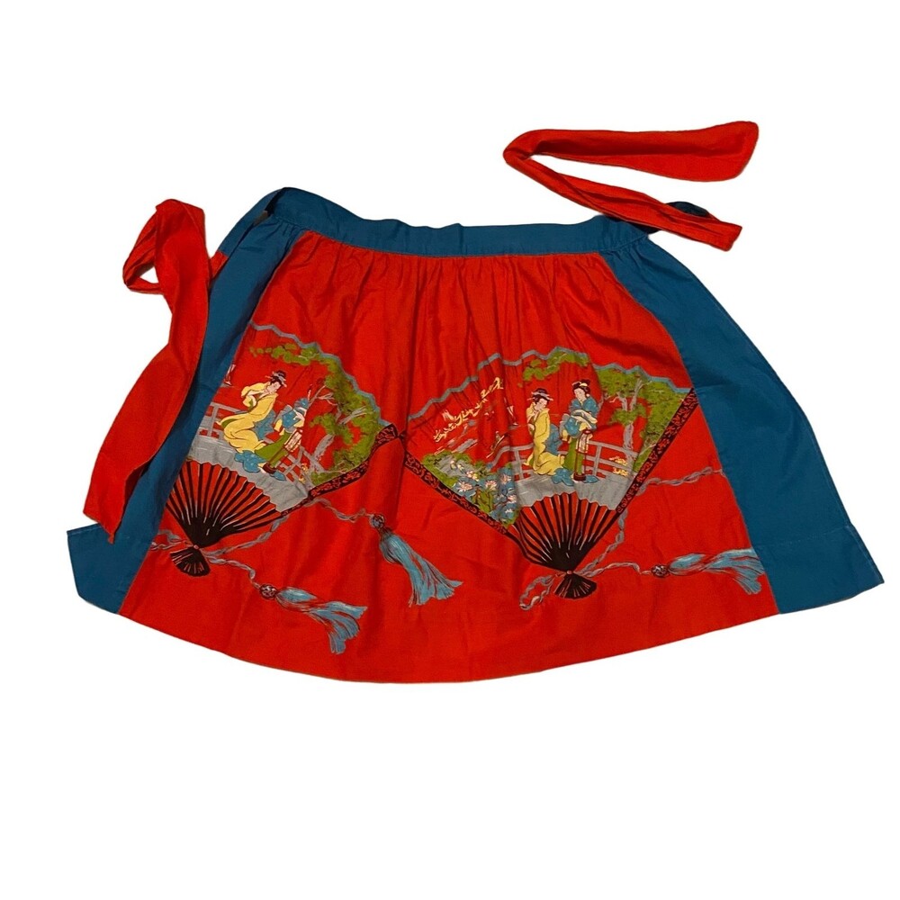#5740 Womens Red and Blue Half Apron With Japanese Geishas